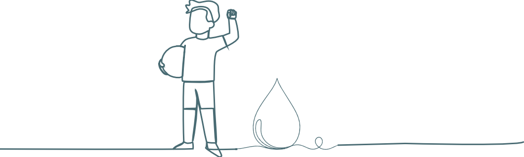 Strichzeichnung eines jungen Mannes, der stolz eine Faust erhebt, neben einer Tropfenform.